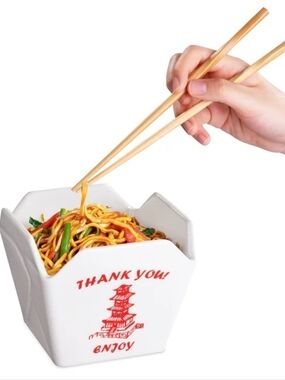 White Ceramic Takeout Noodle Bowl with Red Pagoda Print